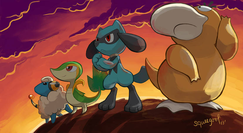 snivy, psyduck, riolu, and mareep (pokemon) drawn by squeegool