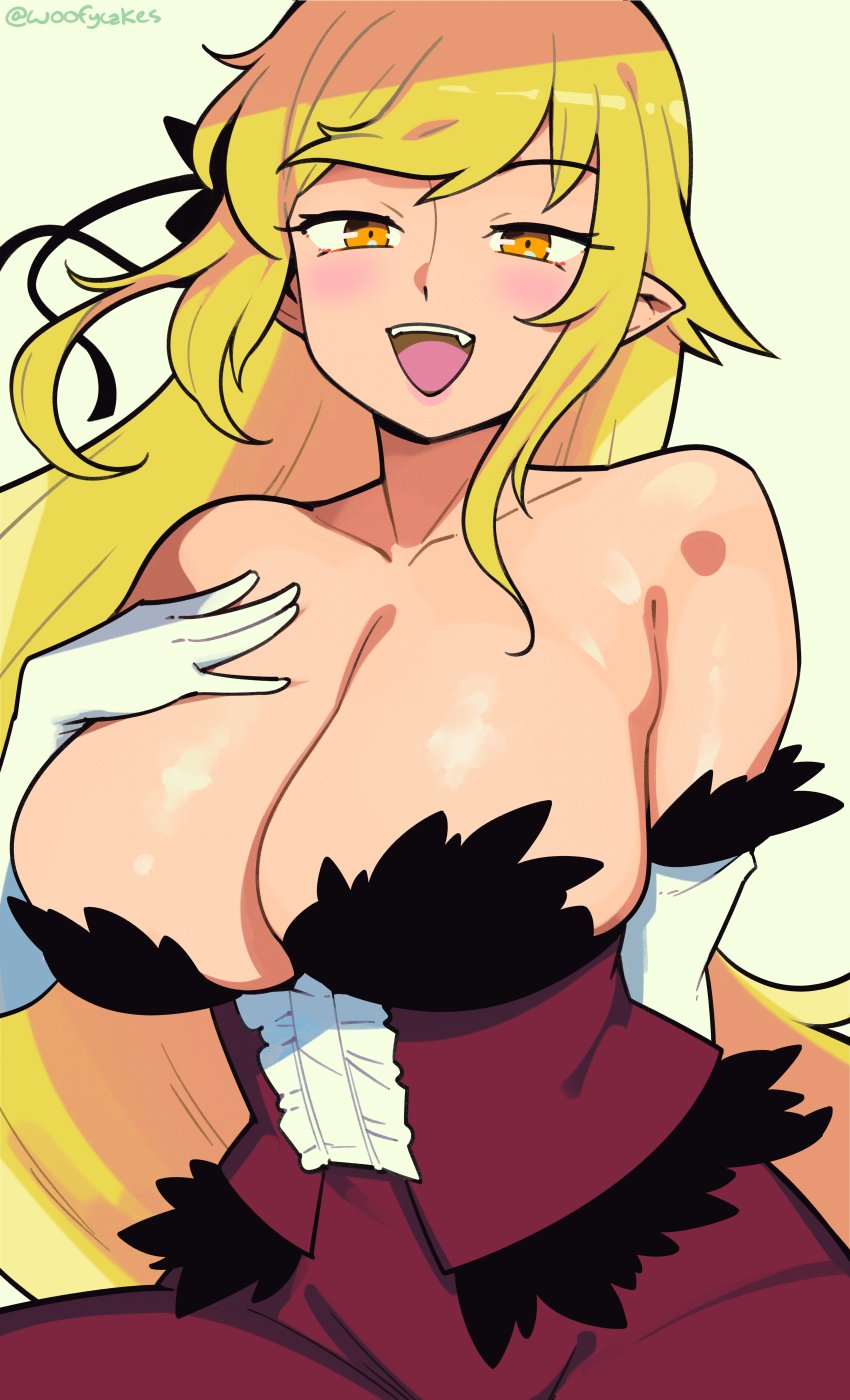 oshino shinobu and kiss-shot acerola-orion heart-under-blade (monogatari and 1 more) drawn by woofycakes