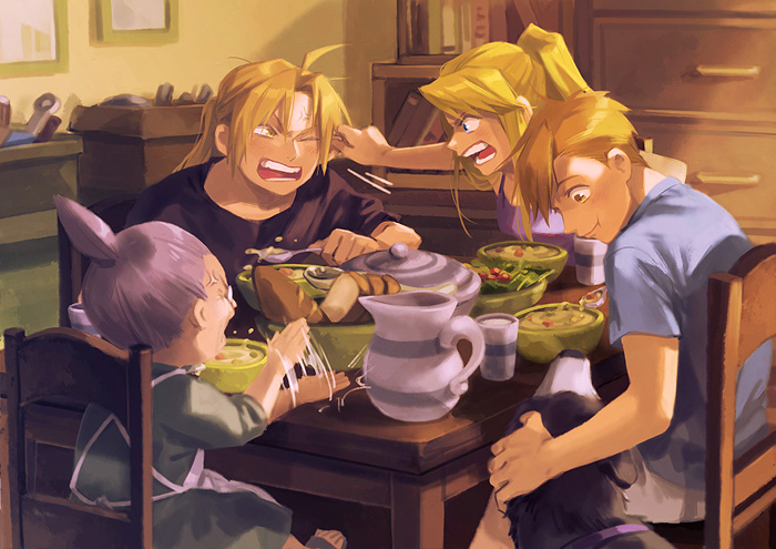 edward elric, alphonse elric, winry rockbell, and pinako rockbell (fullmetal alchemist) drawn by loveariddle