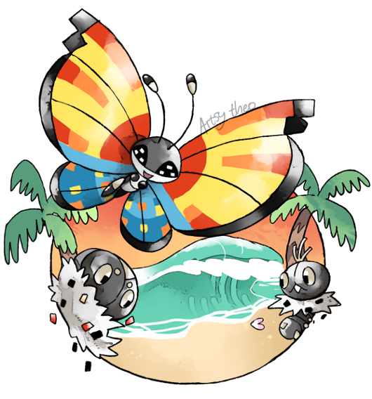 vivillon, spewpa, and scatterbug (pokemon) drawn by artsy-theo