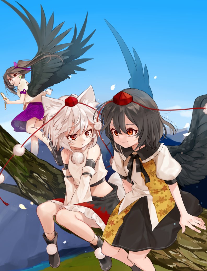 shameimaru aya, inubashiri momiji, and himekaidou hatate (touhou) drawn by gotoh_(nekocat)