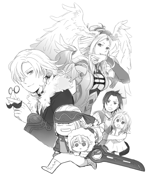 shulk, fiora, dunban, alvis, dickson, and 1 more (xenoblade chronicles and 1 more) drawn by poncotsu-scooter