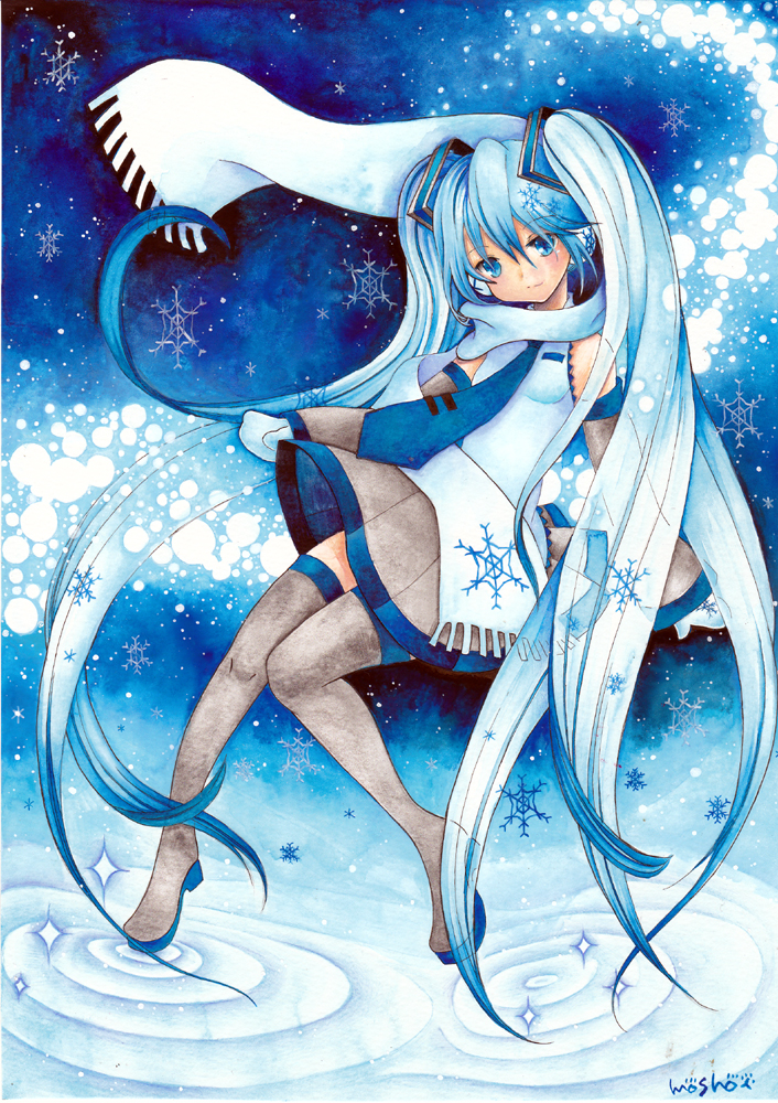 hatsune miku and yuki miku (vocaloid) drawn by mosho