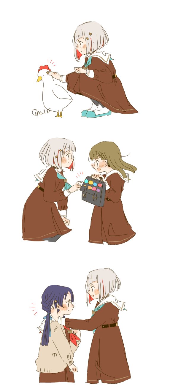 murano sayaka, yugiri tsuzuri, kachimachi kosuzu, and peking duck (love live! and 1 more) drawn by kase_(ks_lys)