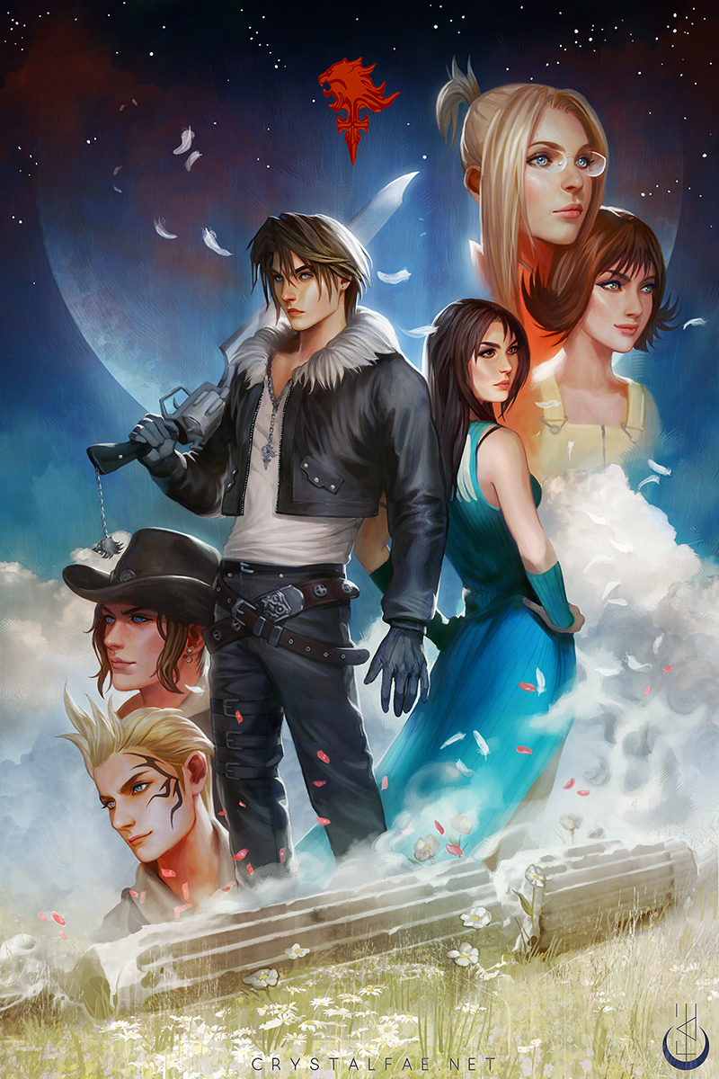 squall leonhart, rinoa heartilly, selphie tilmitt, quistis trepe, zell dincht, and 1 more (final fantasy and 1 more) drawn by crystal_fae