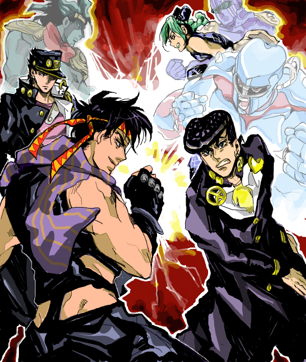 joseph joestar, kujo jotaro, kujo jolyne, higashikata josuke, star platinum, and 2 more (jojo no kimyou na bouken and 4 more) drawn by dekopin08
