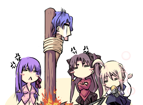 artoria pendragon, saber, tohsaka rin, matou sakura, and matou shinji (fate and 1 more) drawn by satomi_(black_scarecrow)