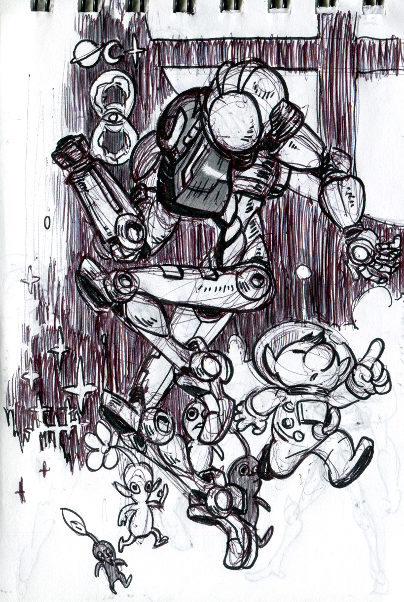 samus aran, red pikmin, olimar, yellow pikmin, and blue pikmin (super smash bros. and 2 more) drawn by alex_ahad