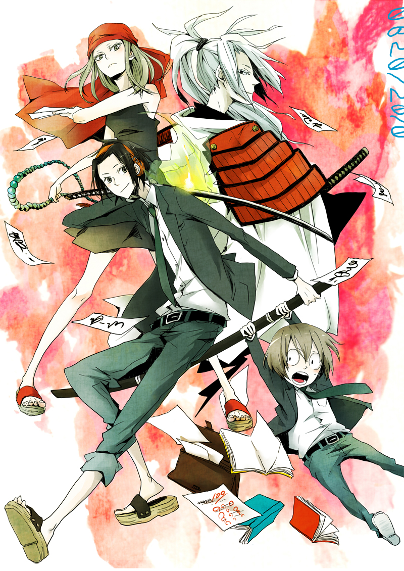 kyouyama anna, asakura yoh, amidamaru, and oyamada manta (shaman king) drawn by mura
