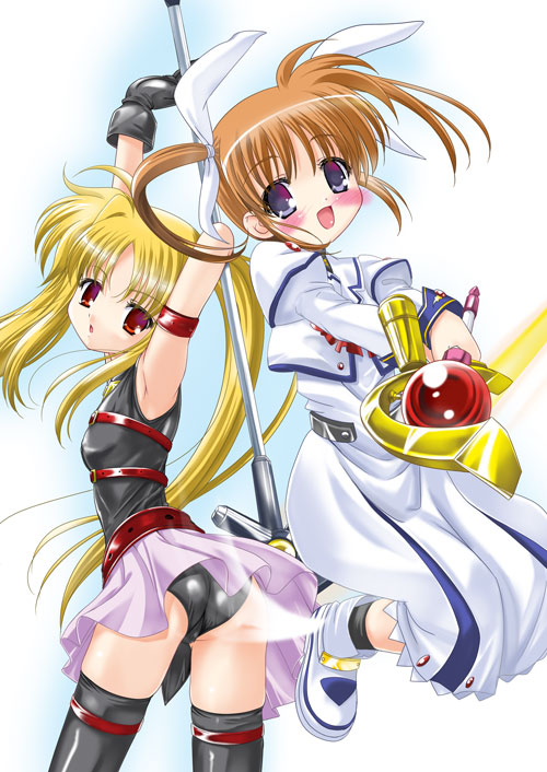 fate testarossa, takamachi nanoha, raising heart, and bardiche (lyrical nanoha and 1 more) drawn by q-gaku