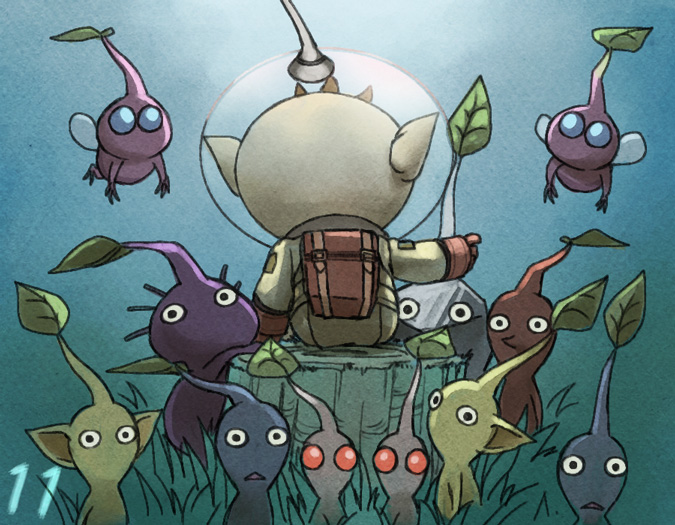 red pikmin, olimar, yellow pikmin, blue pikmin, purple pikmin, and 3 more (pikmin and 1 more) drawn by naru_(wish_field)