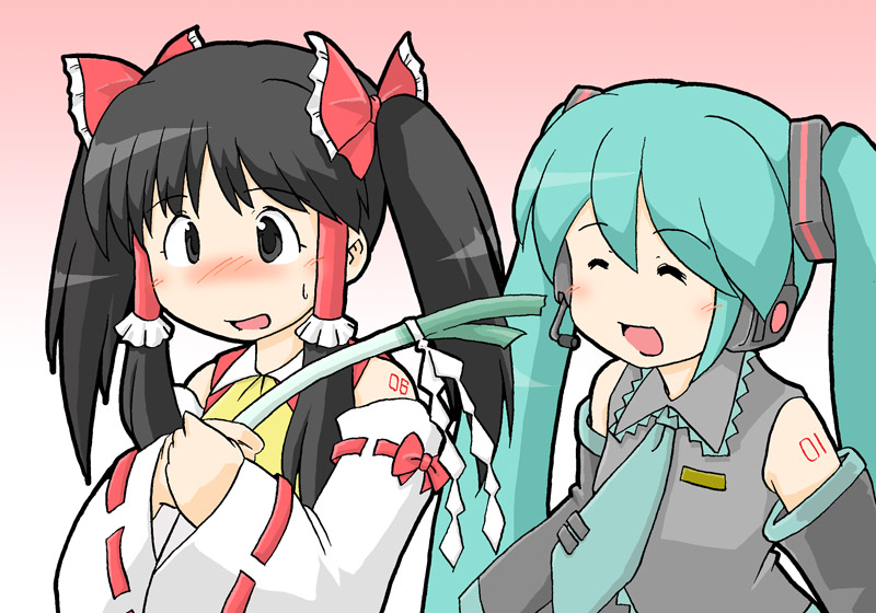 hatsune miku and hakurei reimu (touhou and 1 more) drawn by e_saiba