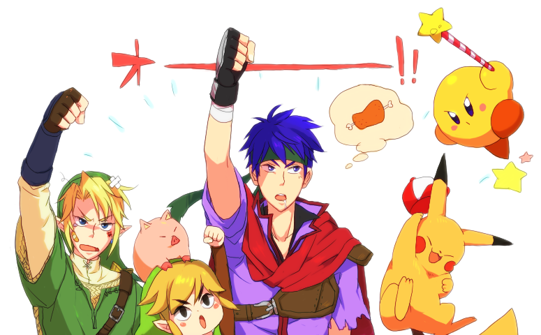 link, pikachu, kirby, ike, and toon link (pokemon and 5 more) drawn by azkn