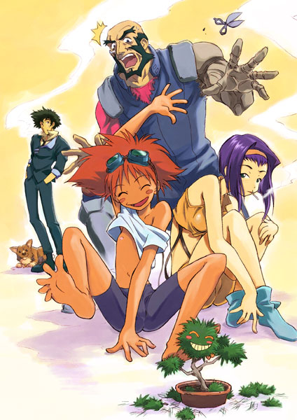 faye valentine, spike spiegel, edward wong hau pepelu tivrusky iv, ein, and jet black (cowboy bebop) drawn by magi_(cu-little2)