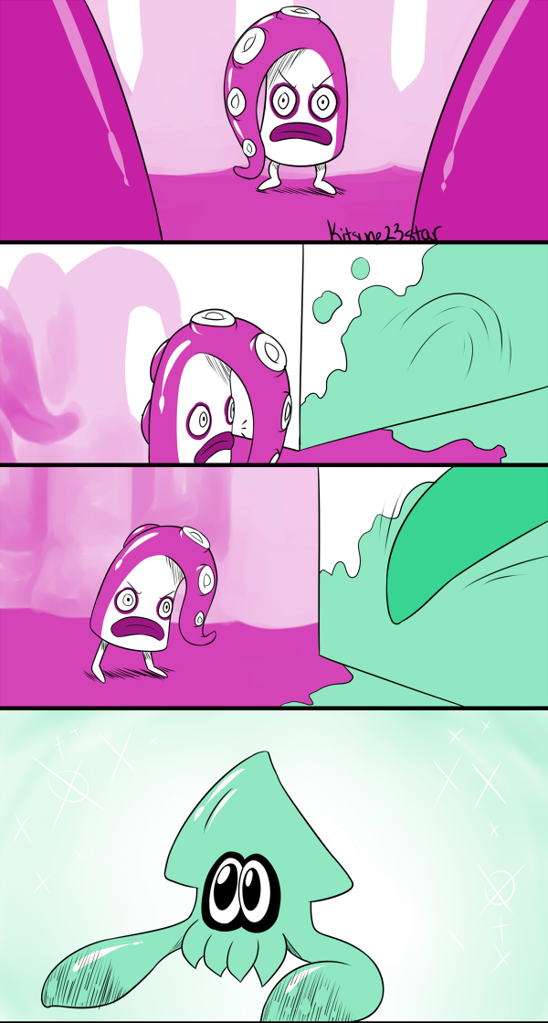 inkling player character and octotrooper (splatoon and 1 more) drawn by kitsune23star