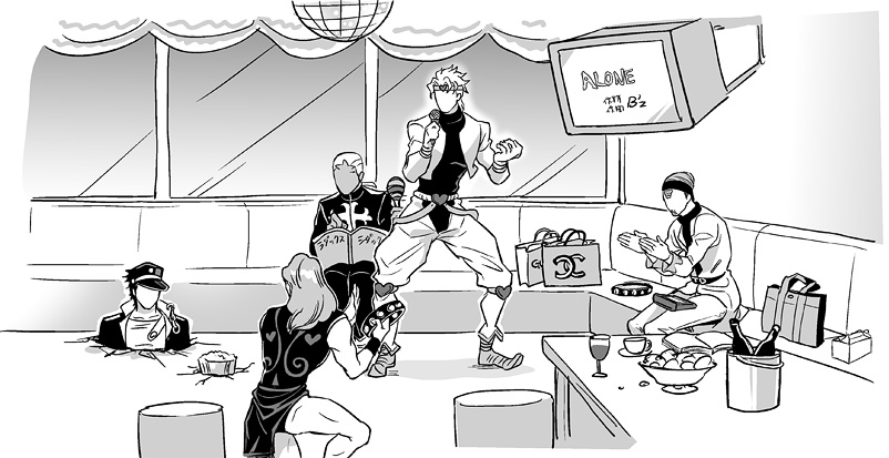 kujo jotaro, dio brando, jean pierre polnareff, enrico pucci, vanilla ice, and 1 more (jojo no kimyou na bouken and 1 more) drawn by funaki_kazuo