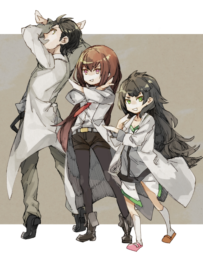 makise kurisu, okabe rintarou, and hiyajou maho (steins;gate and 1 more) drawn by fujino_sato
