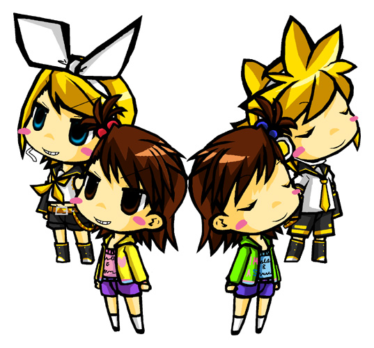 kagamine rin, kagamine len, futami mami, futami ami, and shimoda asami (idolmaster and 1 more) drawn by wara_inu