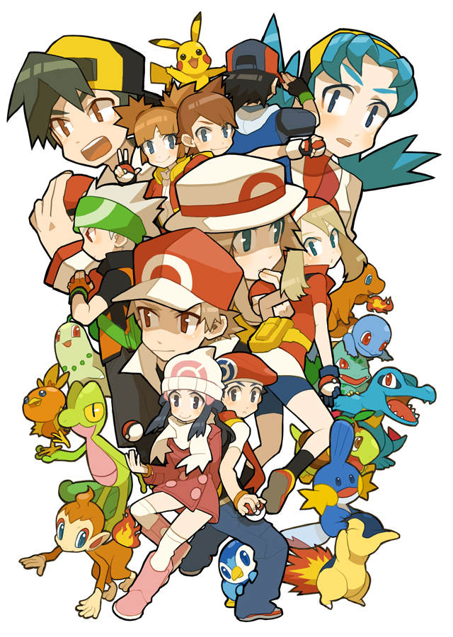 pikachu, dawn, may, ash ketchum, red, and 19 more (pokemon and 8 more) drawn by haruo_(clownberry)