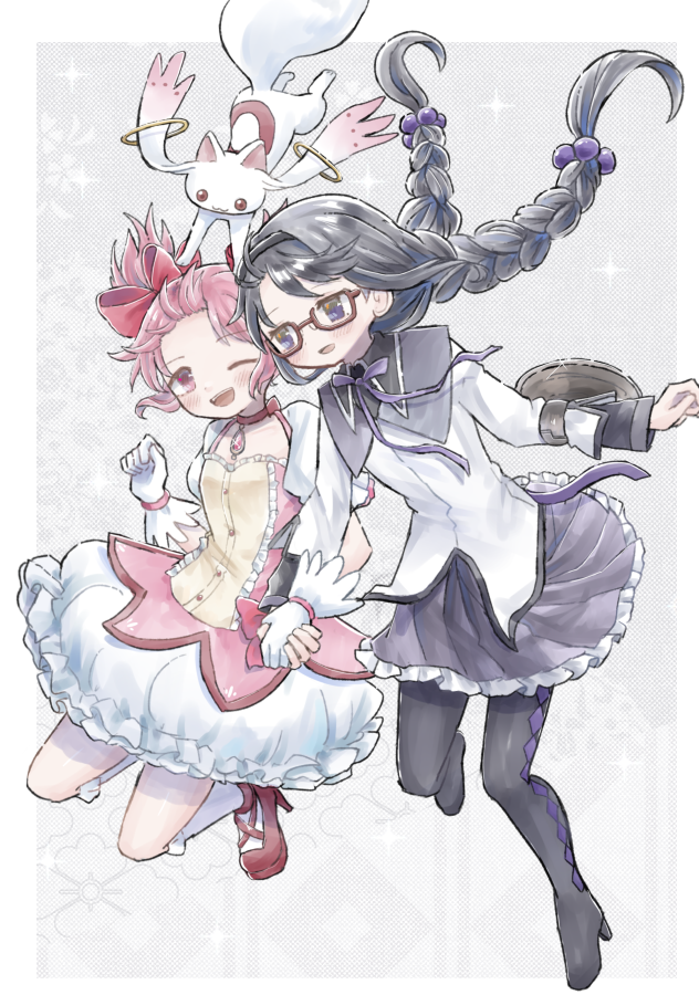 akemi homura, kaname madoka, and kyubey (mahou shoujo madoka magica) drawn by 63suke