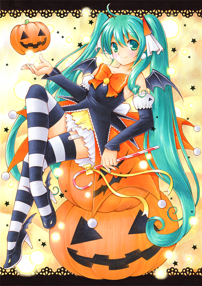 hatsune miku and halloween miku (vocaloid) drawn by aoya_(hoshixii)