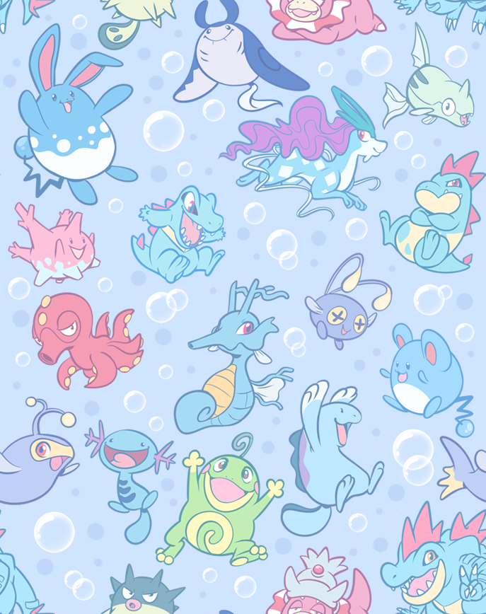 totodile, marill, wooper, quagsire, suicune, and 13 more (pokemon) drawn by vaporotem