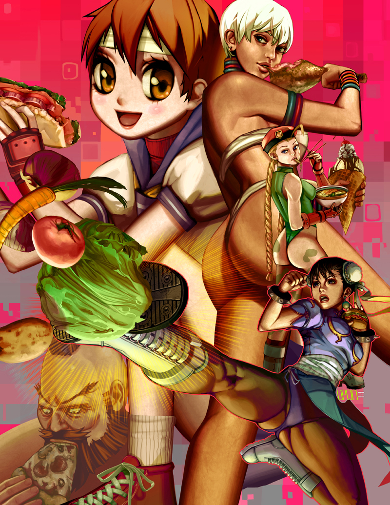 chun-li, cammy white, kasugano sakura, elena, and zangief (street fighter) drawn by upon_thou_fair_cat