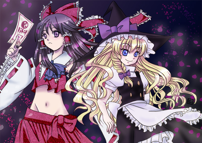hakurei reimu and kirisame marisa (touhou) drawn by tomomi_(mltplus)
