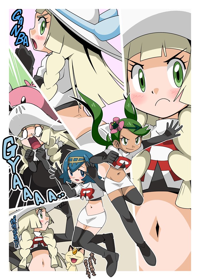 lillie, lana, mallow, jessie, meowth, and 1 more (pokemon and 1 more) drawn by hainchu