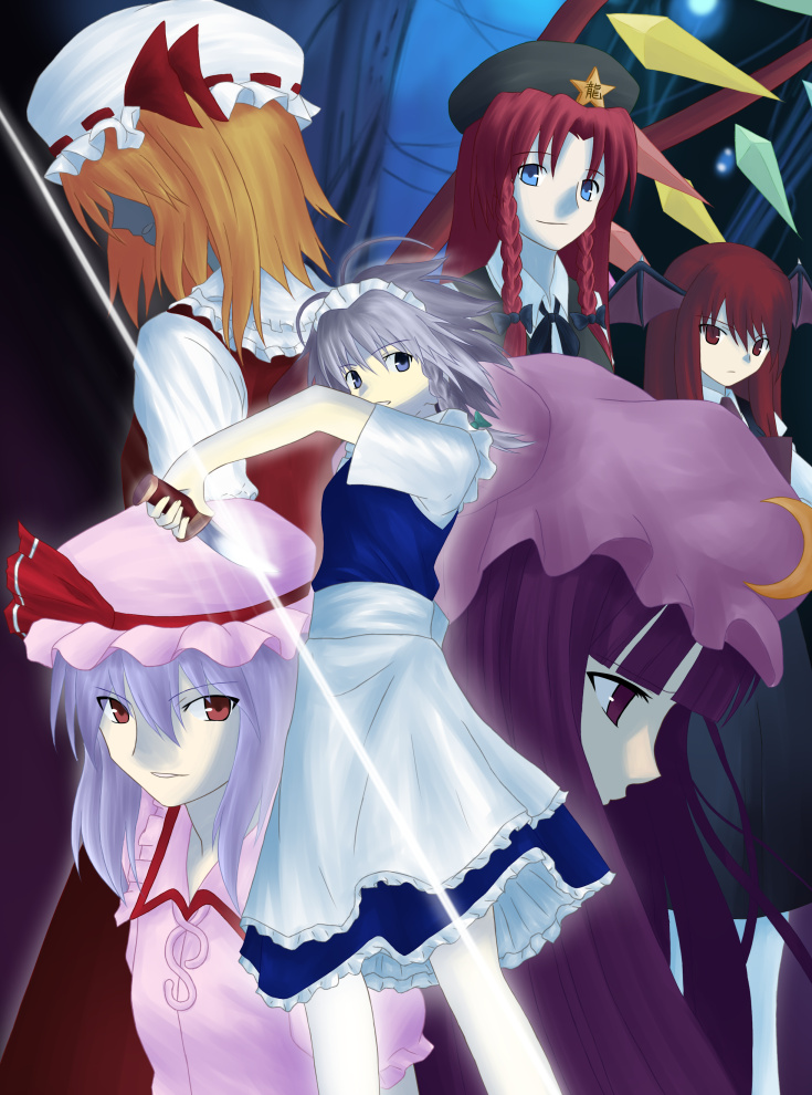 remilia scarlet, flandre scarlet, izayoi sakuya, patchouli knowledge, hong meiling, and 1 more (touhou and 1 more) drawn by ni_(ippozenshin)