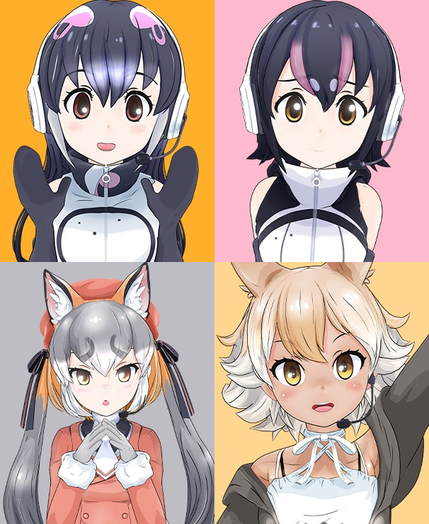 island fox, humboldt penguin, coyote, and african penguin (kemono friends and 1 more)