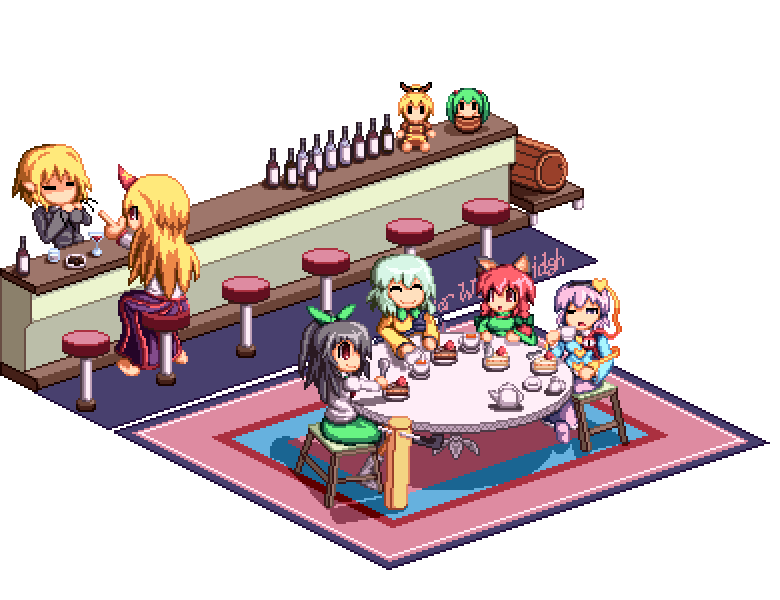 komeiji koishi, komeiji satori, kaenbyou rin, reiuji utsuho, mizuhashi parsee, and 3 more (touhou and 1 more) drawn by kisasage_kouta