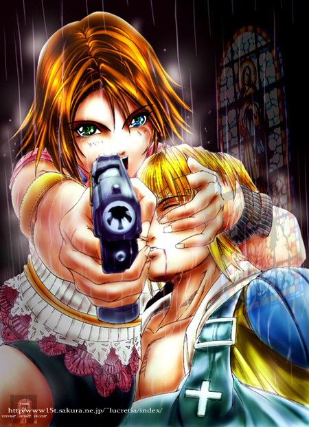 yuna, tidus, and gunner (final fantasy and 2 more) drawn by lucretia