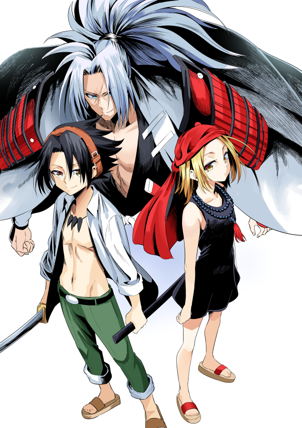 kyouyama anna, asakura yoh, and amidamaru (shaman king) drawn by attsun_(atsushi_jb)