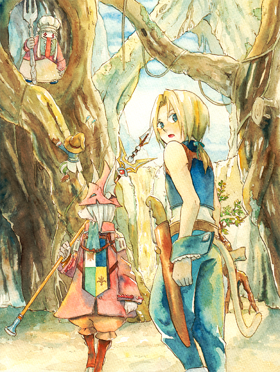 zidane tribal, vivi ornitier, freija crescent, and quina quen (final fantasy and 1 more) drawn by deboo