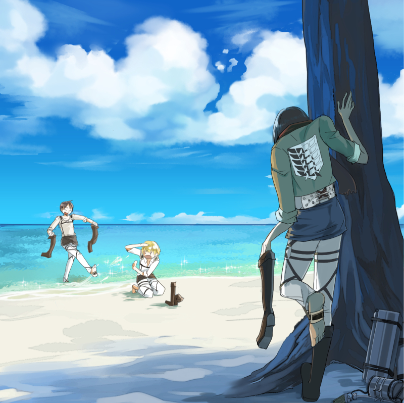 mikasa ackerman, eren yeager, and armin arlert (shingeki no kyojin) drawn by rahu23