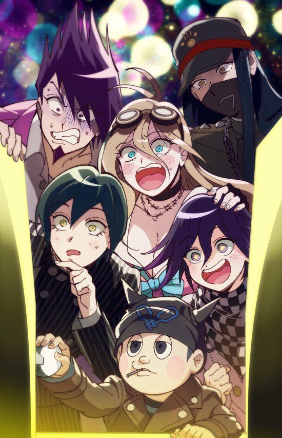 oma kokichi, saihara shuichi, momota kaito, iruma miu, hoshi ryoma, and 1 more (danganronpa and 1 more) drawn by shachoo_(poco_poco)