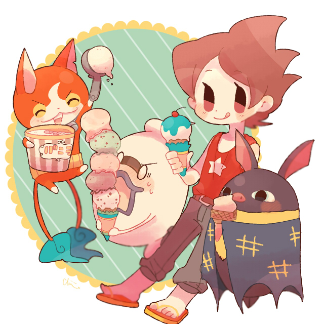 jibanyan, whisper, amano keita, and hikikoumori (youkai watch) drawn by chiyoko_(oman1229)
