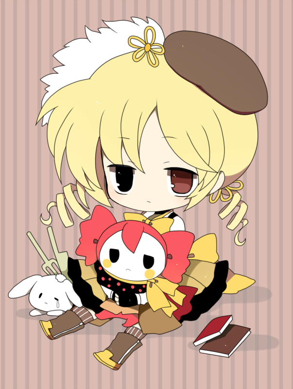 tomoe mami, kyubey, and charlotte (mahou shoujo madoka magica) drawn by haru_(kyou)