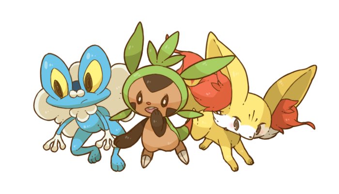 fennekin, chespin, and froakie (pokemon) drawn by towa_(clonea)