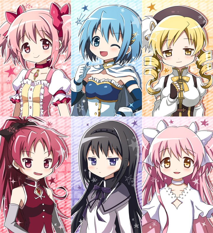 akemi homura, kaname madoka, miki sayaka, sakura kyoko, tomoe mami, and 1 more (mahou shoujo madoka magica) drawn by mauve