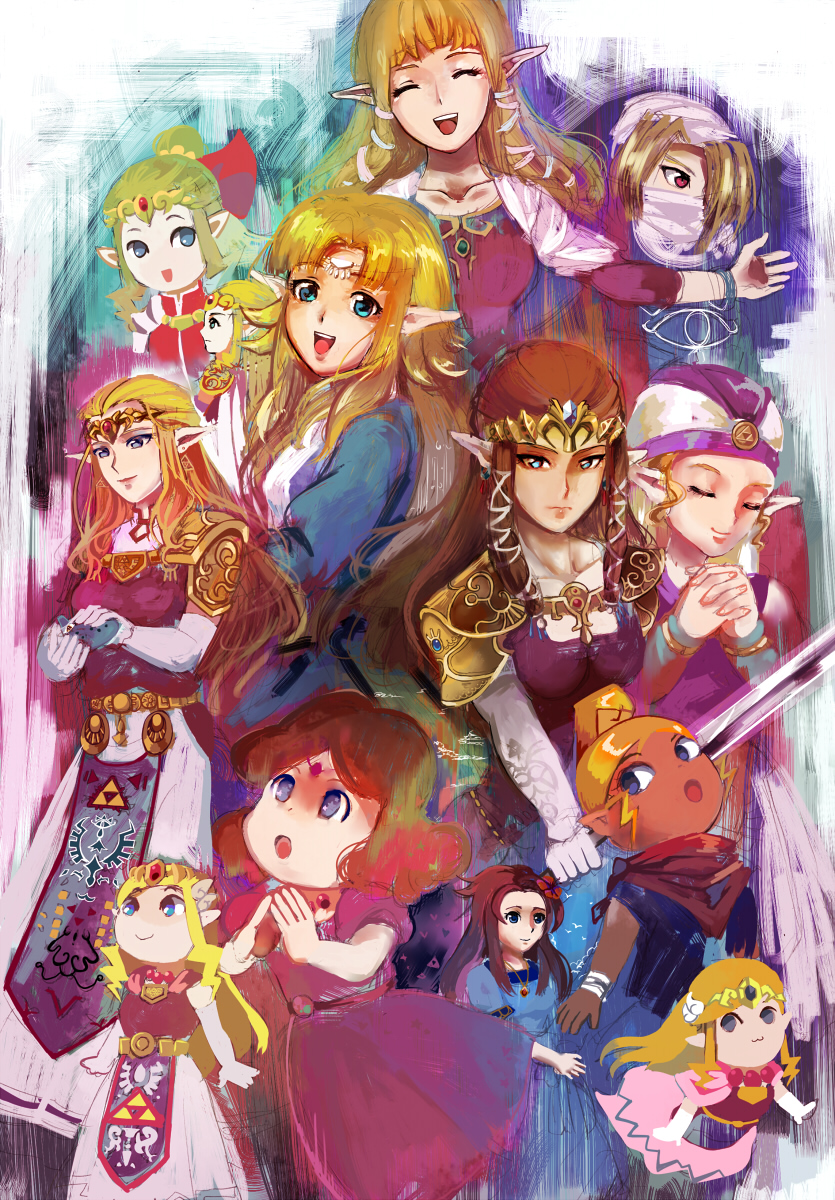 princess zelda, sheik, toon zelda, tetra, young zelda, and 1 more (the legend of zelda and 8 more) drawn by haniwa_(hnw)
