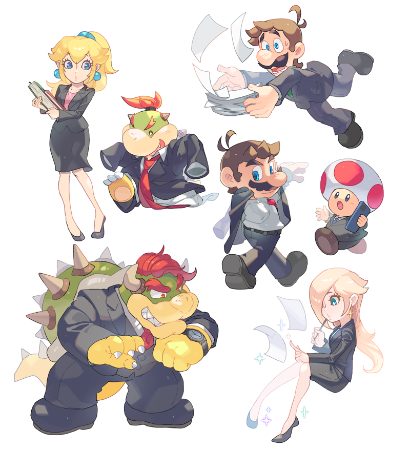 princess peach, mario, rosalina, luigi, bowser, and 3 more (mario) drawn by hoshikuzu_pan