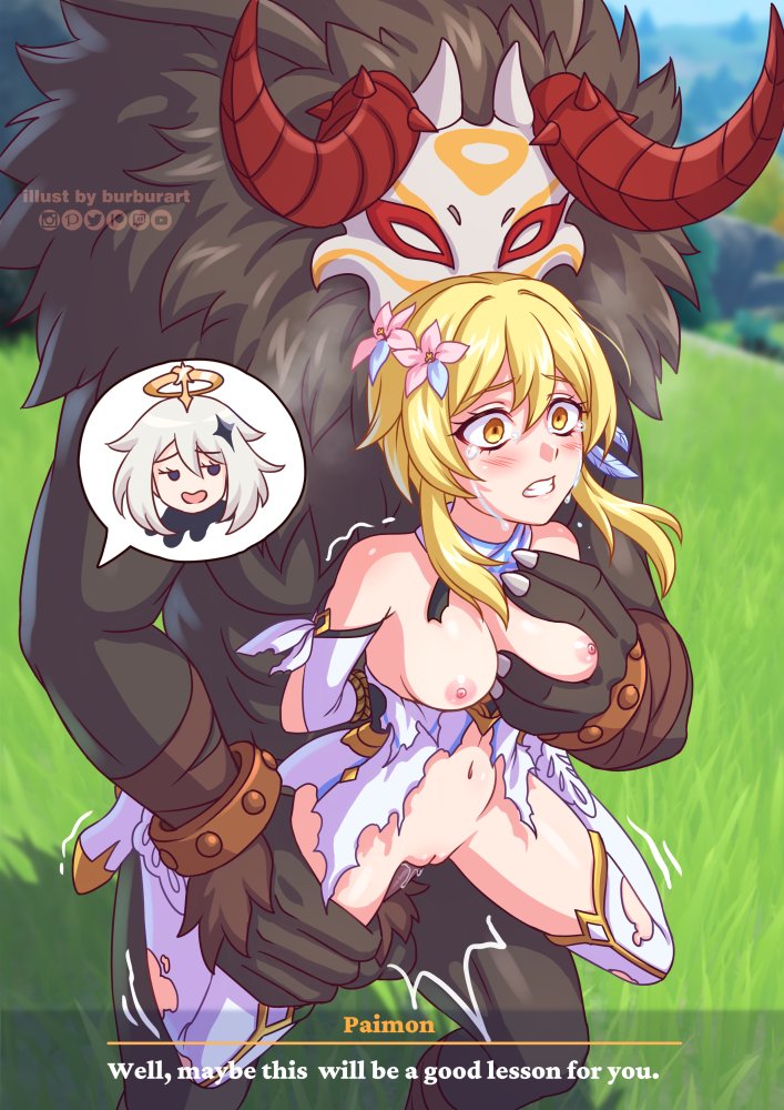 lumine, paimon, and hilichurl (genshin impact) drawn by burbur
