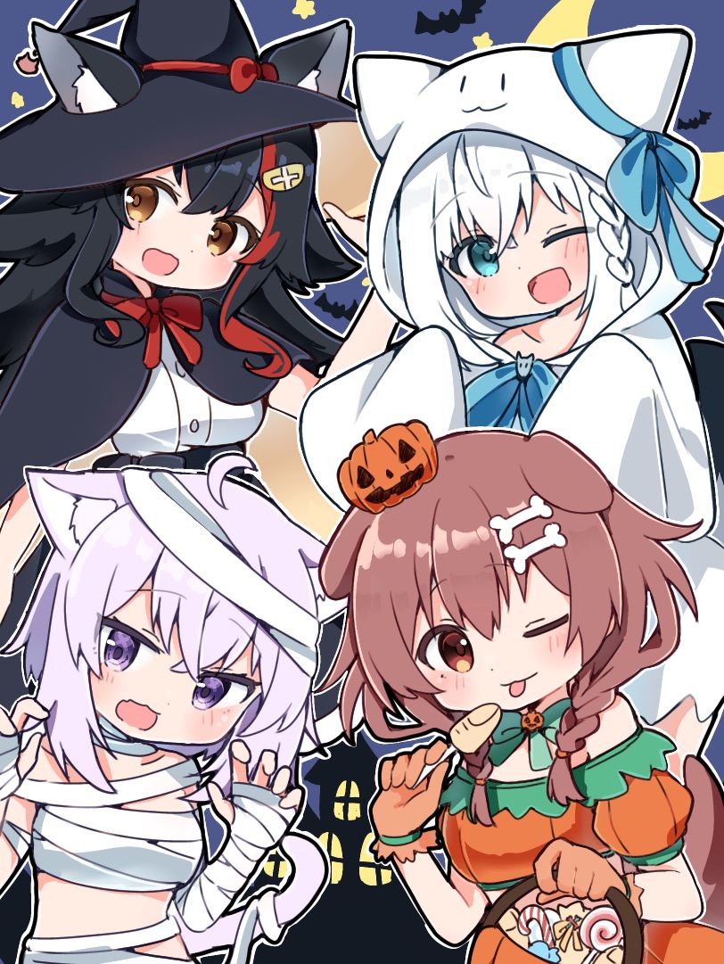 shirakami fubuki, nekomata okayu, ookami mio, and inugami korone (hololive) drawn by rabiiandrain