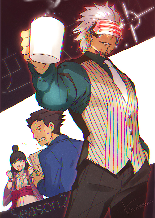 phoenix wright, maya fey, and godot (ace attorney and 1 more) drawn by kaworu_(kaw_lov)