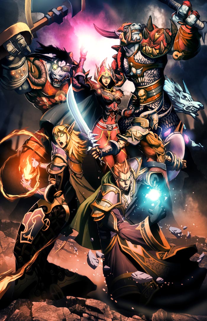 player character, hunter, and warlock (warcraft and 1 more) drawn by genzoman