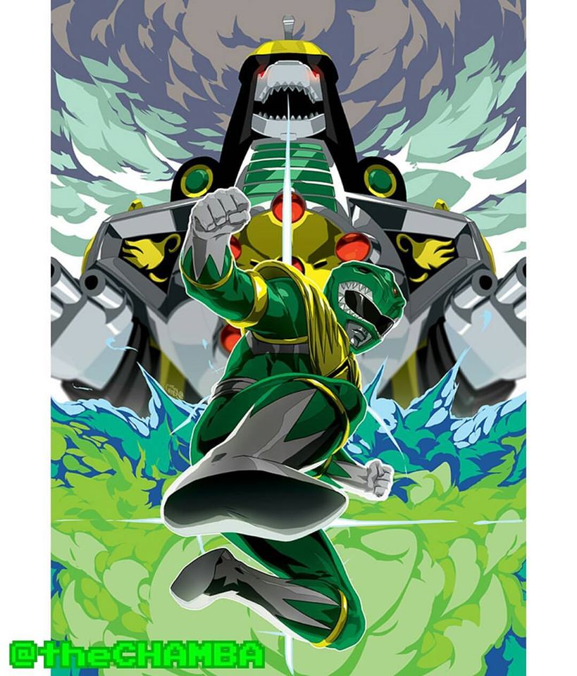 dragon ranger, mighty morphin green ranger, dragon caesar, and dragonzord (super sentai and 3 more) drawn by chamba