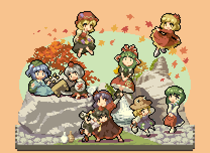 kochiya sanae, shameimaru aya, inubashiri momiji, moriya suwako, kawashiro nitori, and 4 more (touhou and 1 more) drawn by oobako