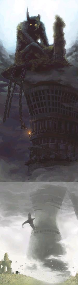 wander, agro, and dormin (shadow of the colossus) drawn by kuruuya